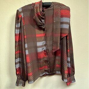 Vintage 80s Linea V Womens Size 10 Secretary Blouse Long Sleeve Jacquard Brown